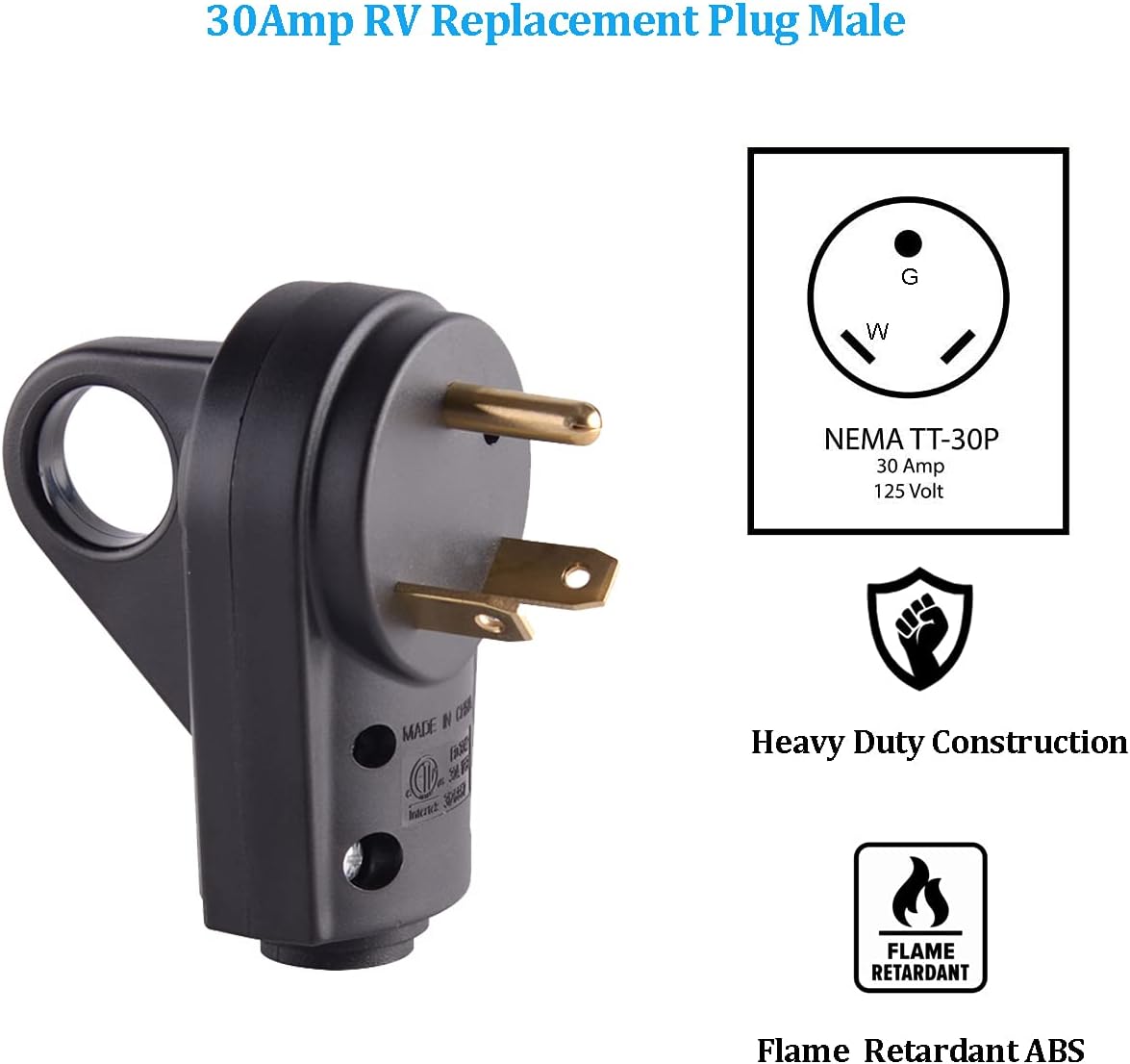 30 Amp RV Plug Male Replacement 3 Prong Electrical Power Connector Pack of 2 D583