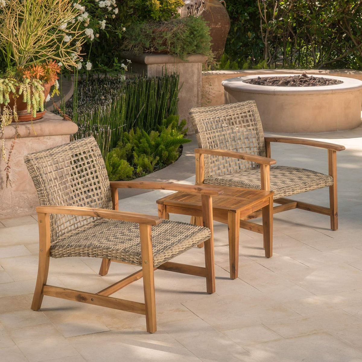 Natural Stained Grey Wicker Club Chairs with Acacia Wood Frame, 2-Pcs Set M655