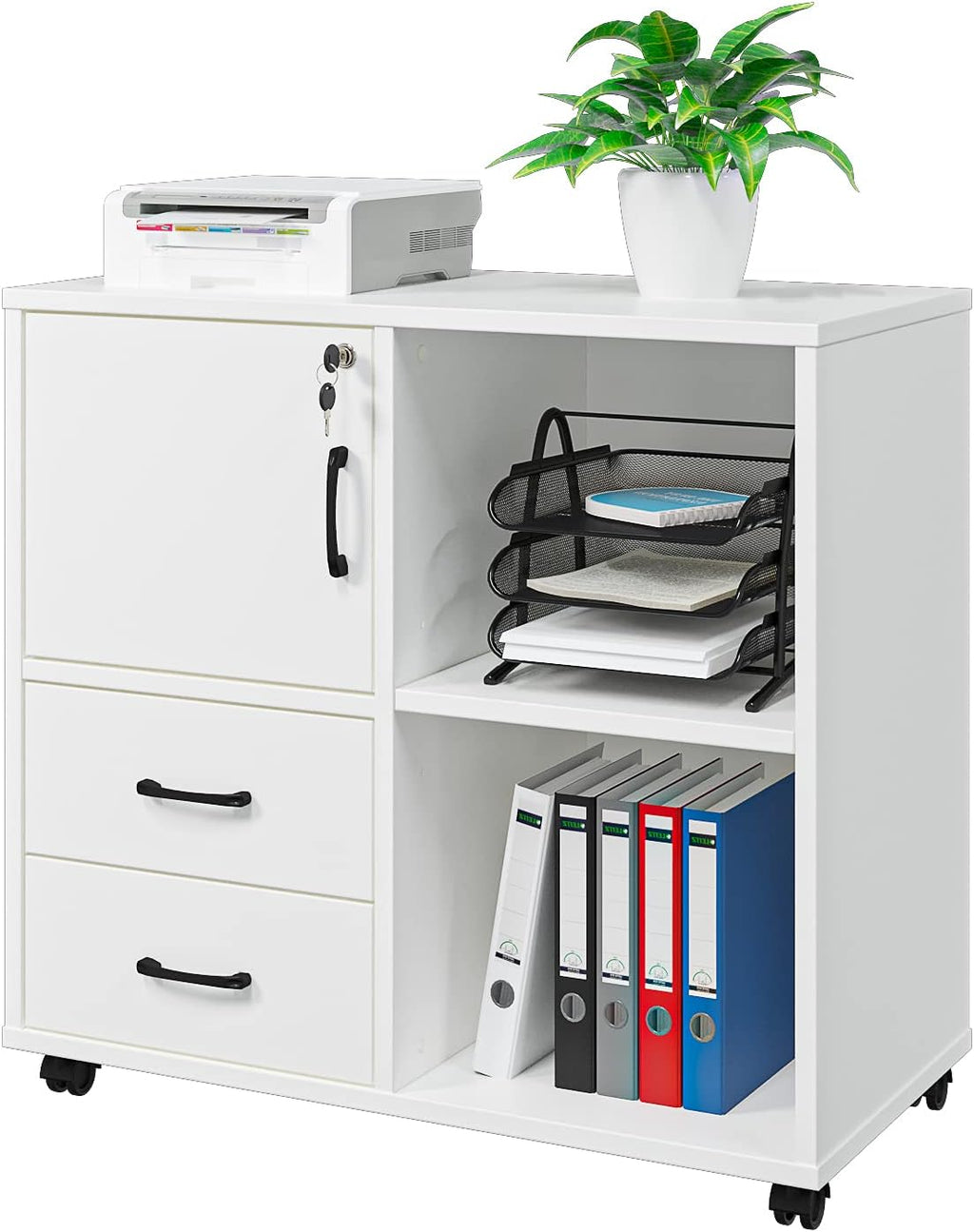 White Rolling Office Storage Cabinet with 2 Drawers Z829