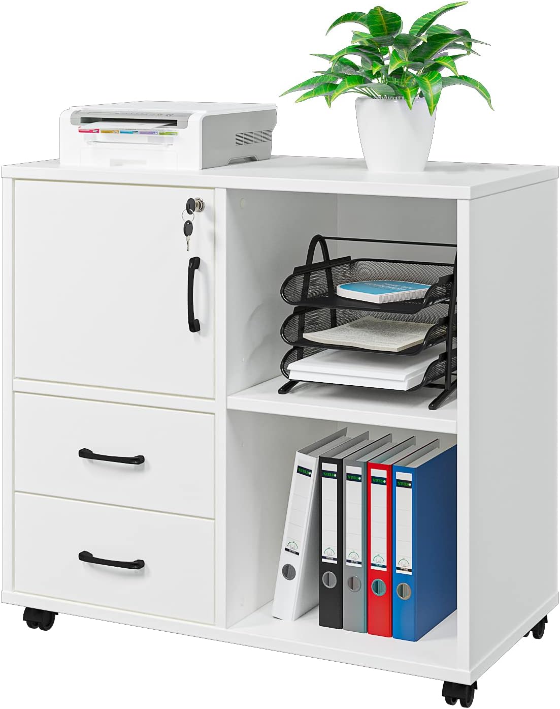 White Rolling Office Storage Cabinet with 2 Drawers Z829