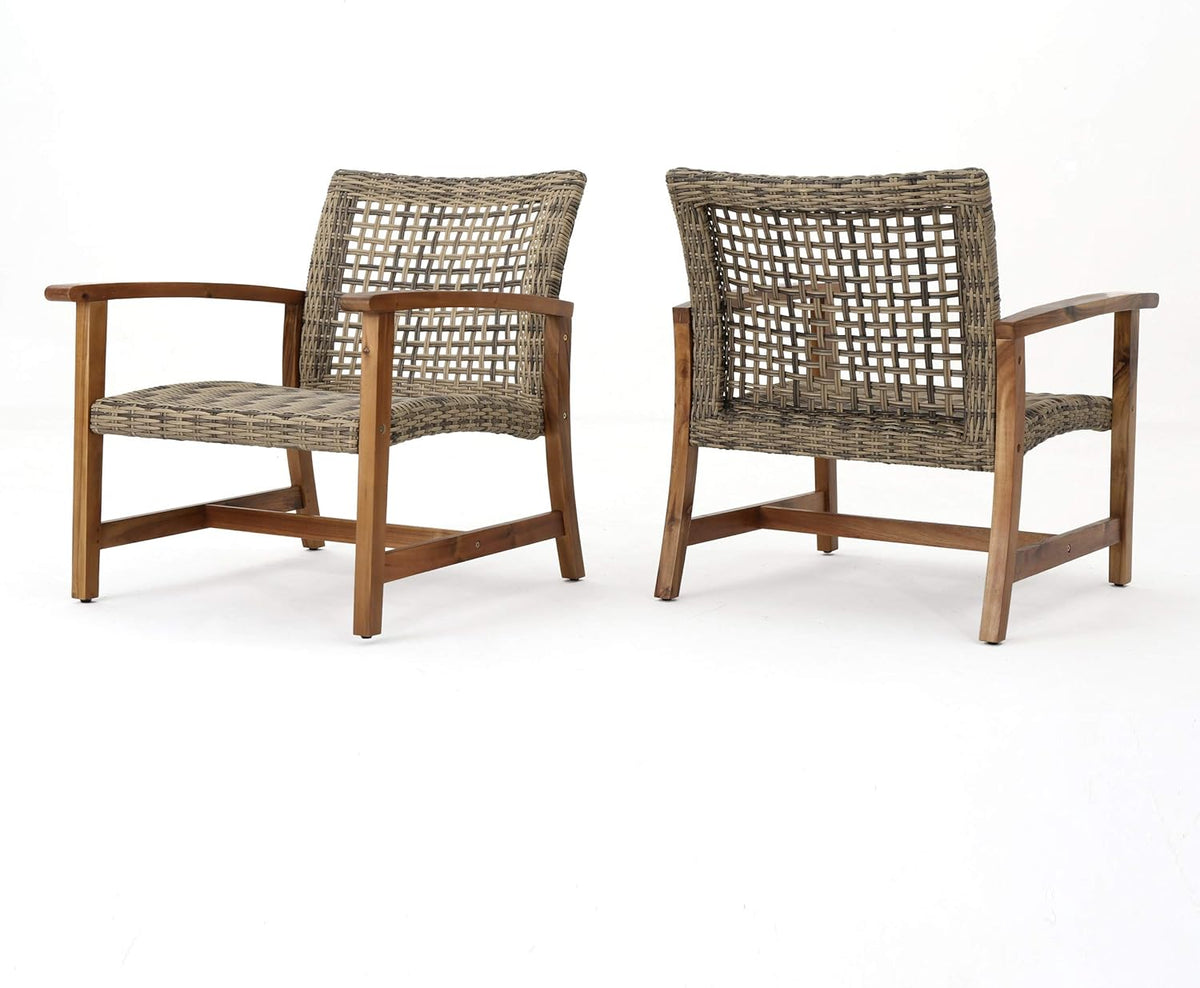 Natural Stained Grey Wicker Club Chairs with Acacia Wood Frame, 2-Pcs Set M655