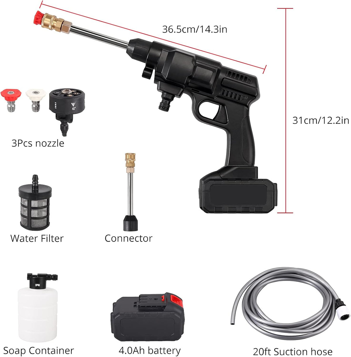 Cordless Pressure Washer 20V 4.0Ah 450 PSI 6 in 1 Adjustable Nozzle Q71022