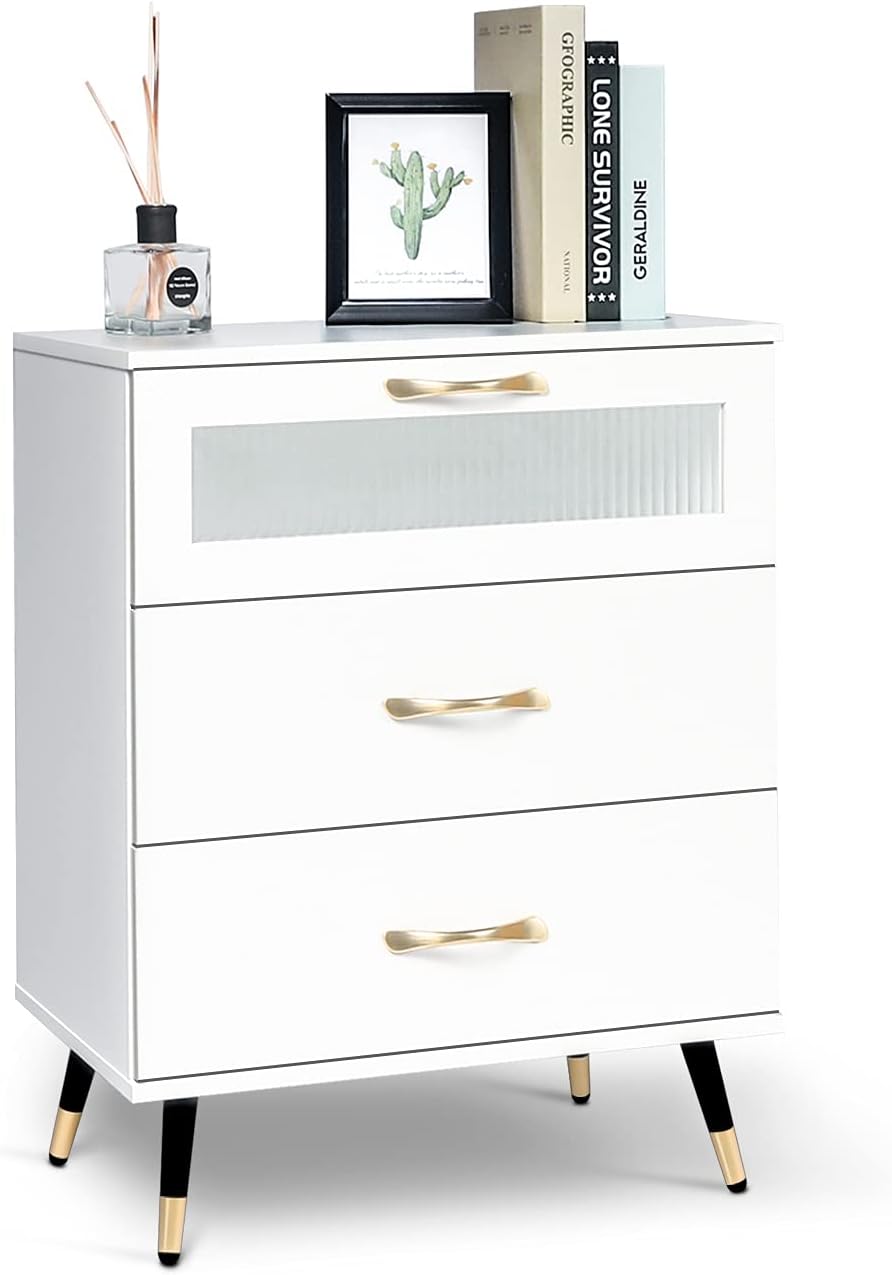 White 3 Drawer Wooden End Side Table Nightstand J99853