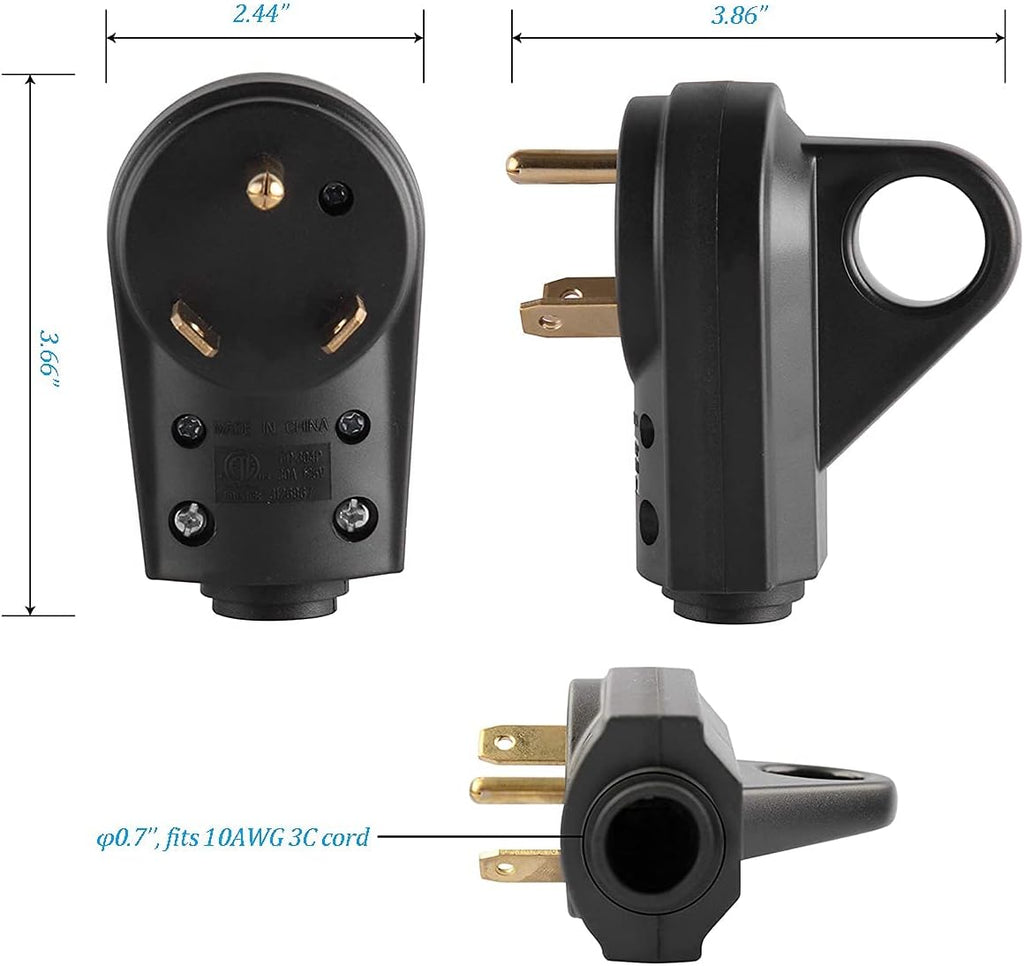 30 Amp RV Plug Male Replacement 3 Prong Electrical Power Connector Pack of 2 D583