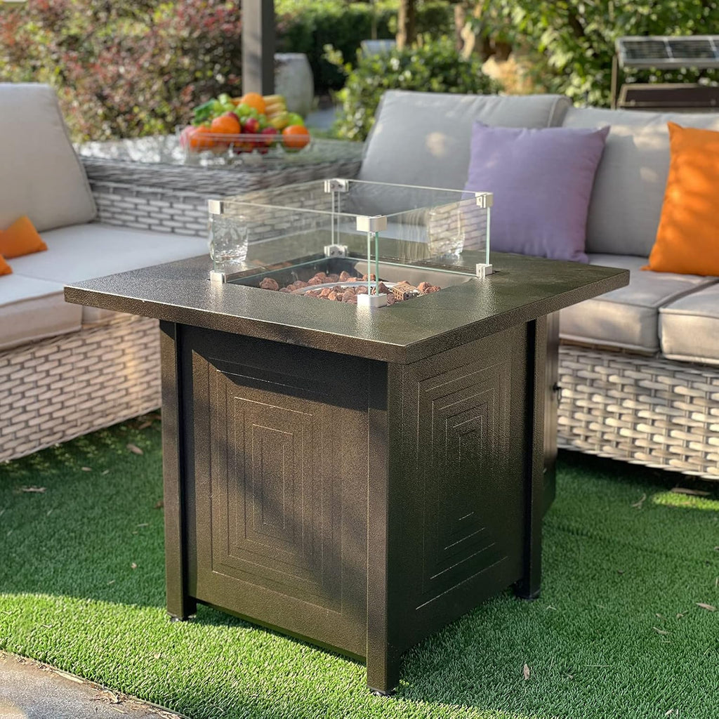 50000BTU Metal Propane Fire Pit Table with Glass Wind Guard and Lava Stone W478