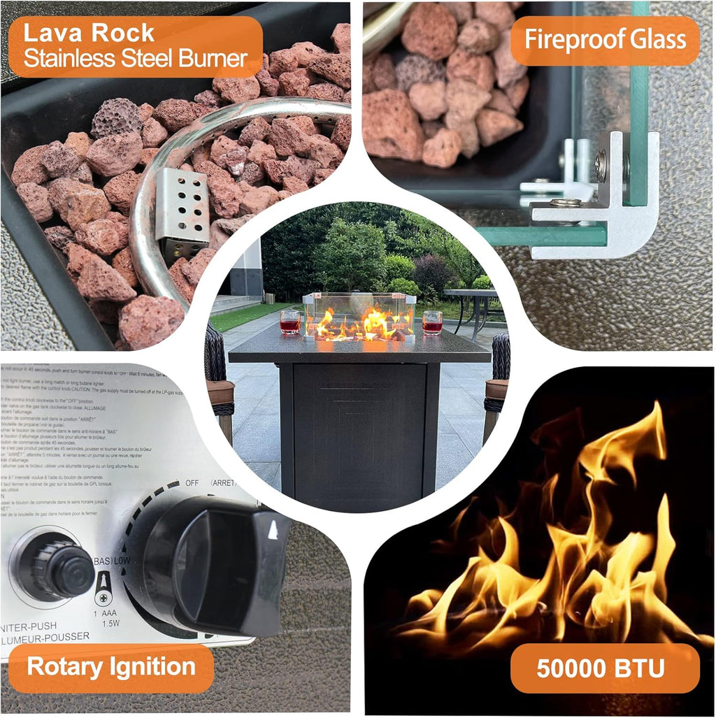 50000BTU Metal Propane Fire Pit Table with Glass Wind Guard and Lava Stone W478