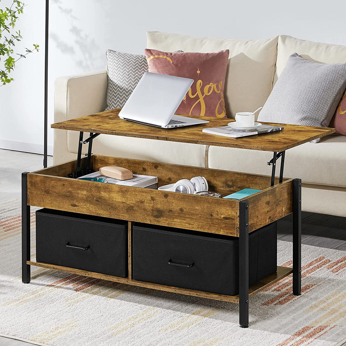 Lift Top Coffee Table with Hidden Storage and 2 Fabric Baskets U5435
