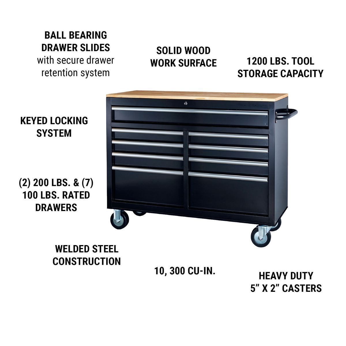 Black 9-Drawer Mobile Storage Cabinet with Solid Wood Top D2661