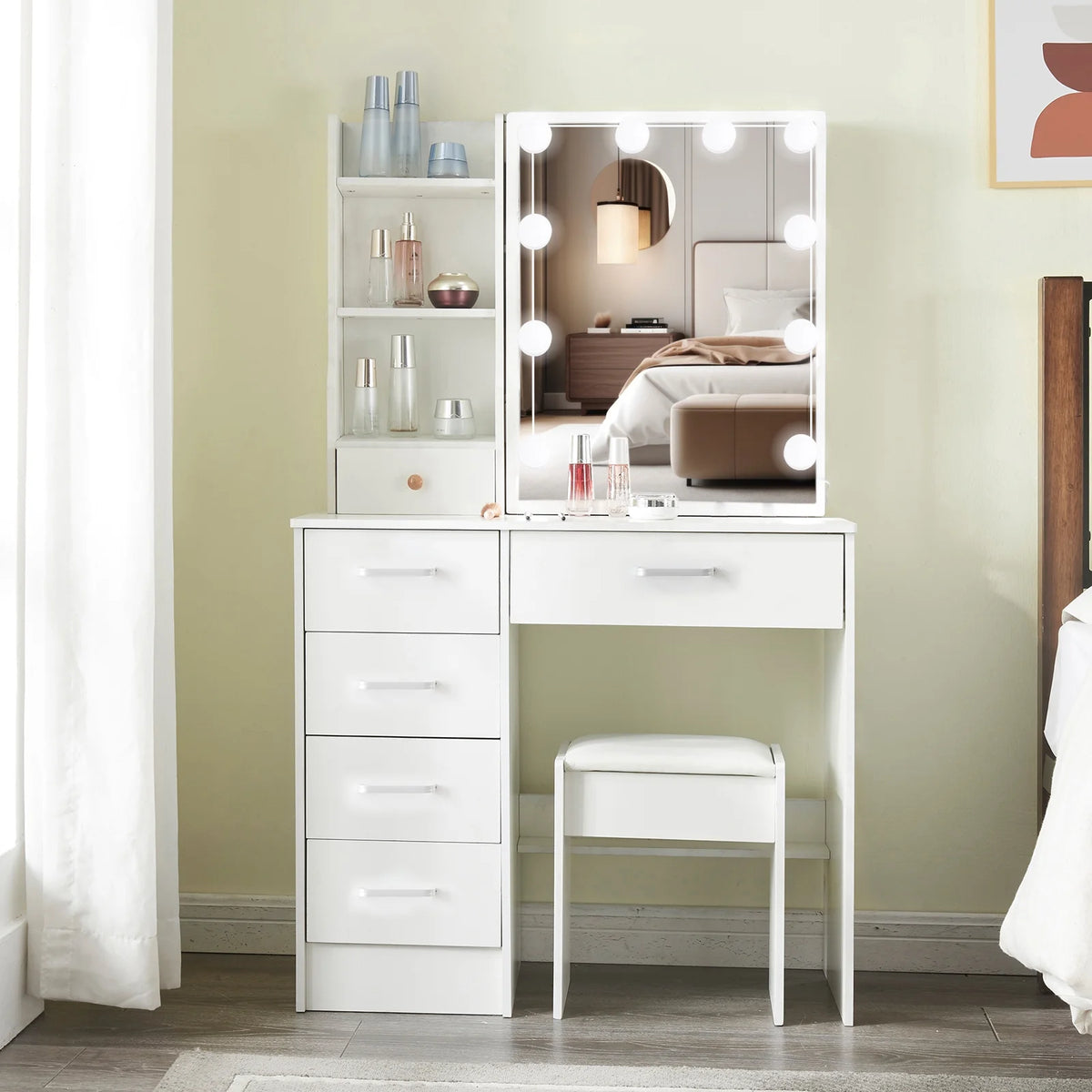 White Vanity Set with Lighted Mirror and Stool D9958