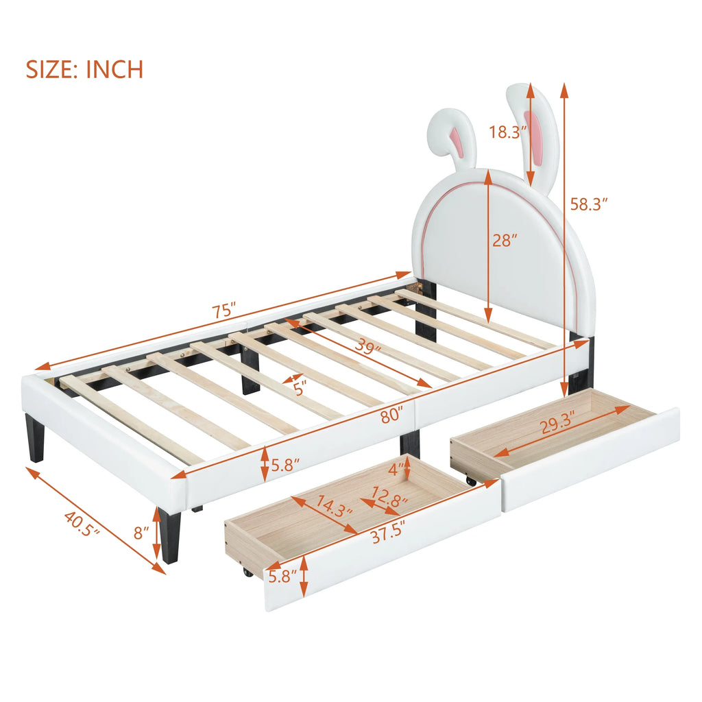 White Twin Size Upholstered Leather Platform Bed with 2 Drawers E18332