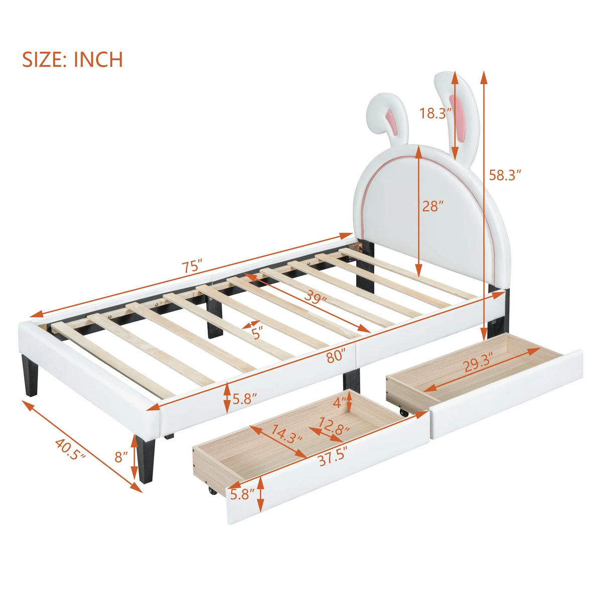 White Twin Size Upholstered Leather Platform Bed with 2 Drawers E18332
