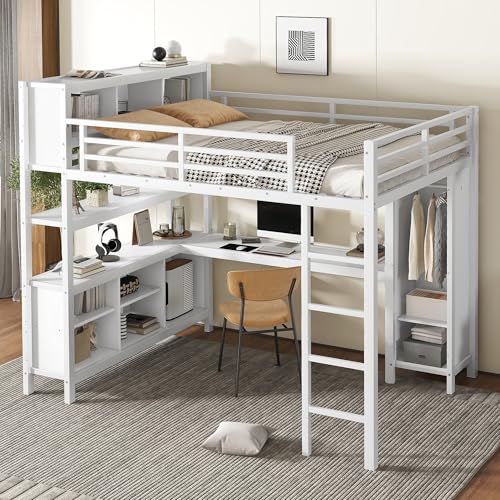 Metal Loft Bed with Wardrobe & L-Shaped Desk, White Queen A238158