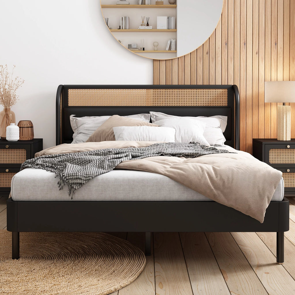 Queen Size Black Wood Platform Bed with PU Leather Headboard G7242