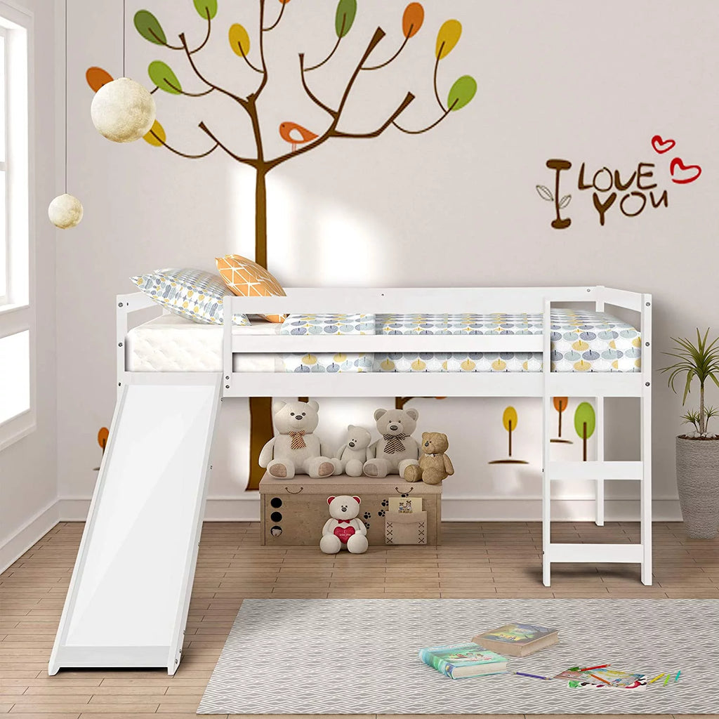White Twin Size Wood Loft Bed with Slide and Ladder P7468