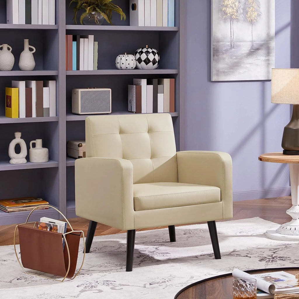 Beige PU Leather Tufted Accent Chair with Wood Legs K176