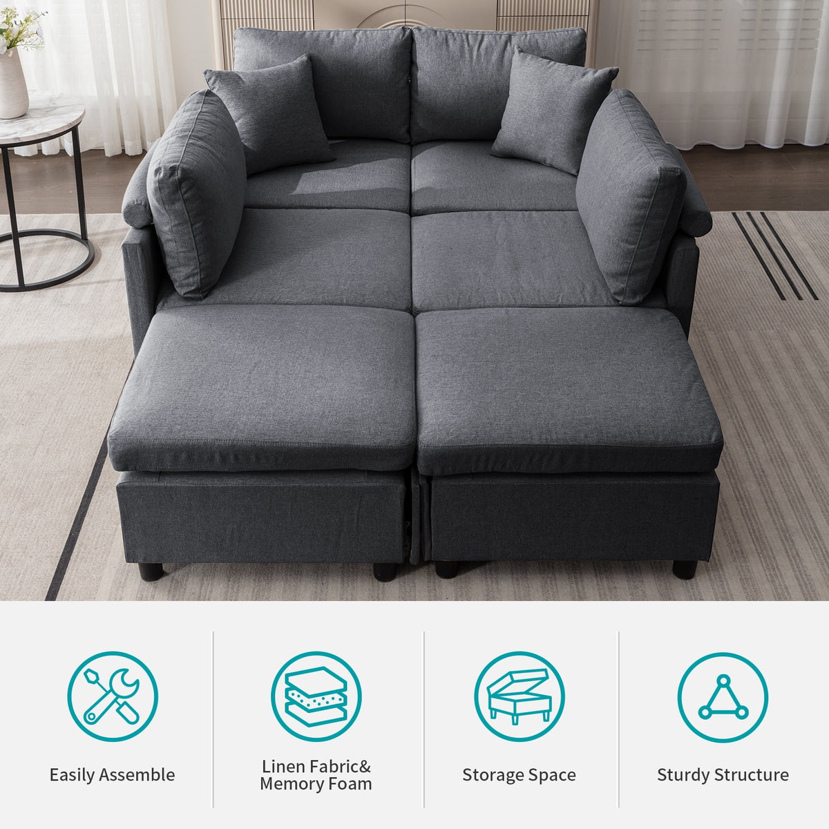 Dark Gray 6-Seater Modular Sectional Sofa with Storage Ottoman W99024