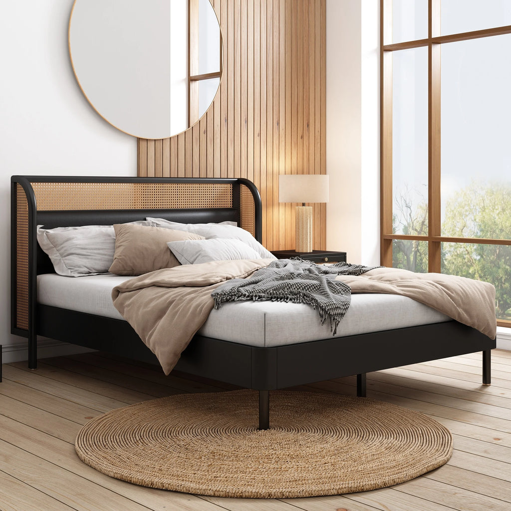 Queen Size Black Wood Platform Bed with PU Leather Headboard G7242