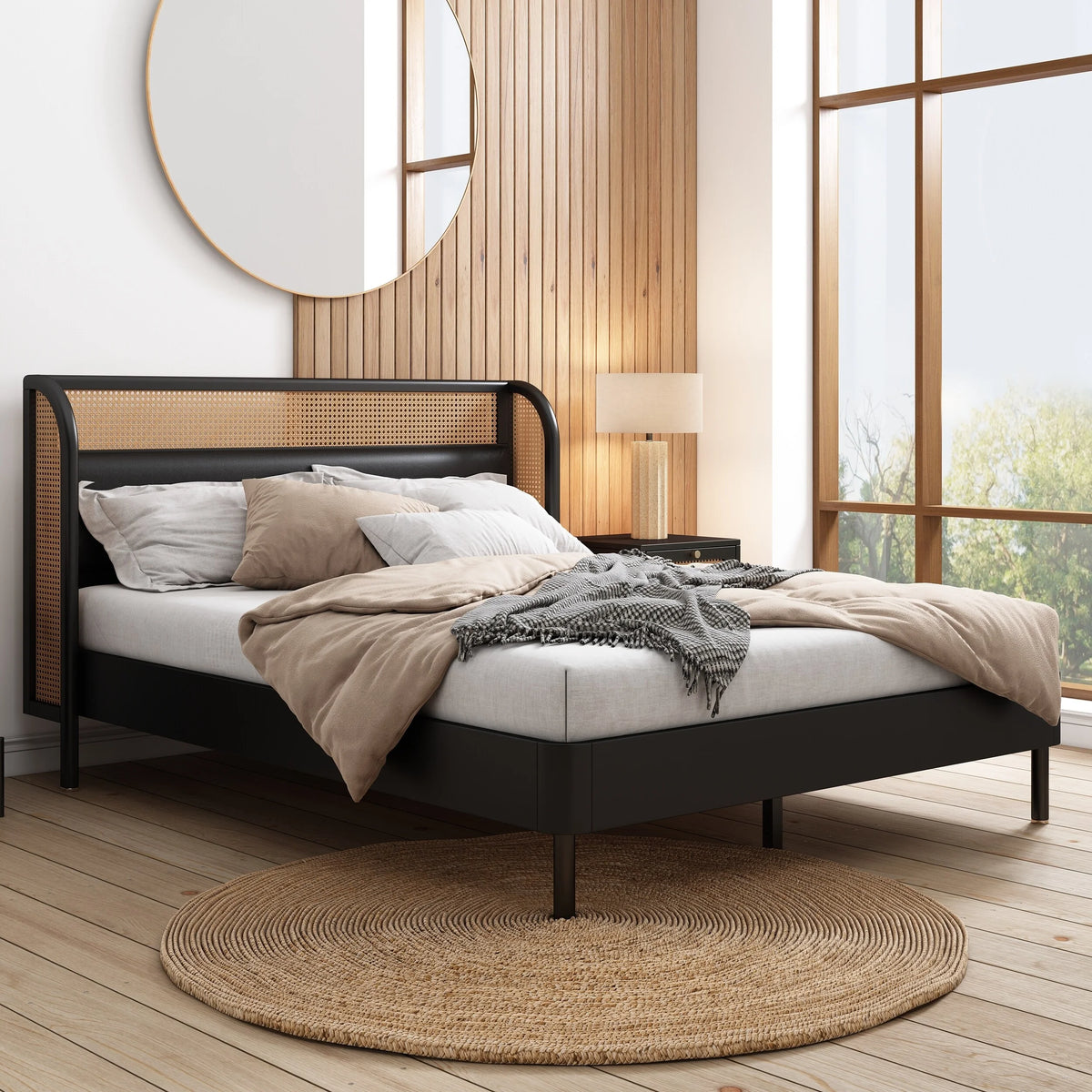 Queen Size Black Wood Platform Bed with PU Leather Headboard G7242