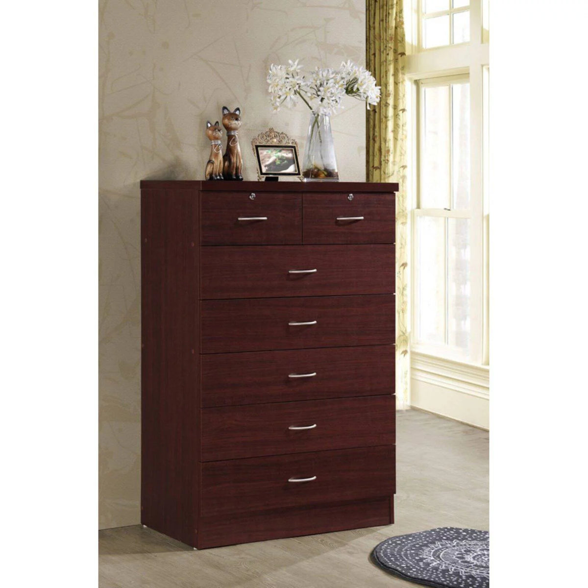 7 Drawer Wooden Jumbo Dresser Chest with 2 Top Locks, Cherry F9887