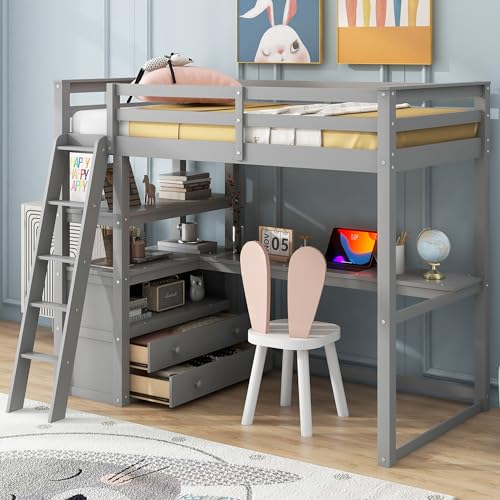 Twin Size White Solid Wood Loft Bed with Wardrobe, Desk and Shelves D202