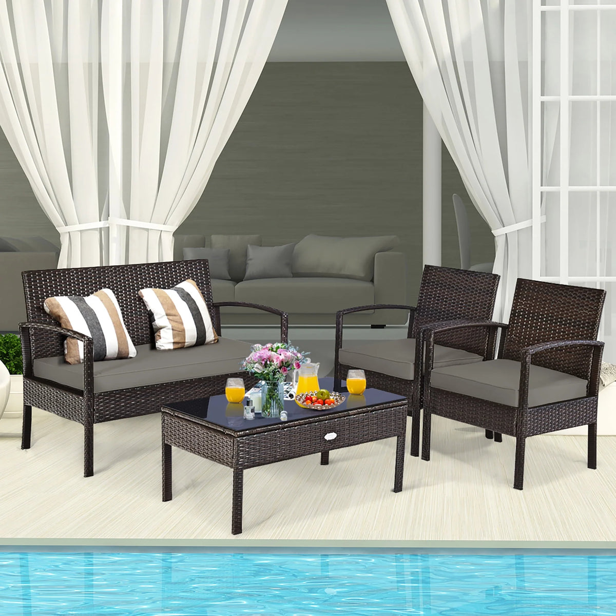 4 Pc Outdoor Patio Rattan Furniture Set Cushioned Sofa Coffee Table O686