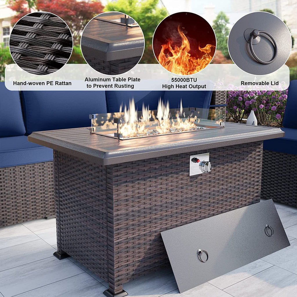 15 Pieces Outdoor Patio Furniture Set with Propane Fire Pit Table Navy Blue P7385