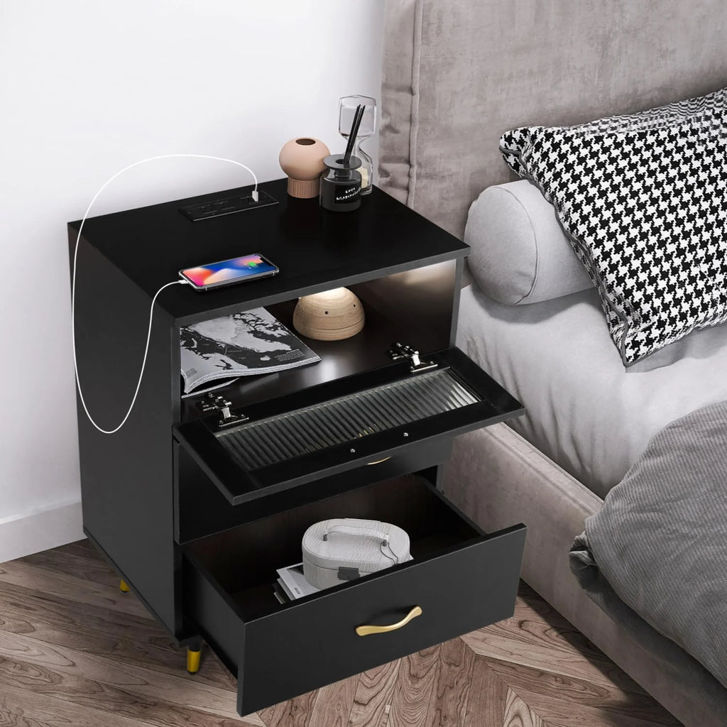 Black 3 Drawer Nightstand with USB Charge I8206