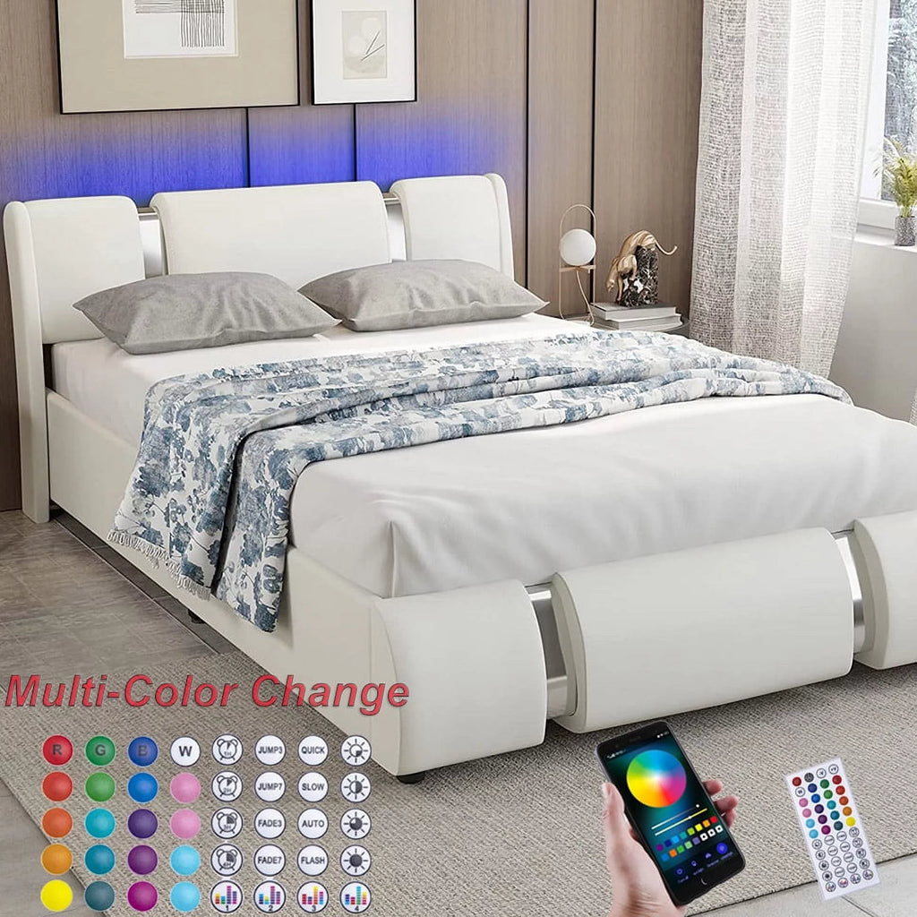 Faux Leather Full Size Platform Bed with LED Light and Adjustable Headboard I669663