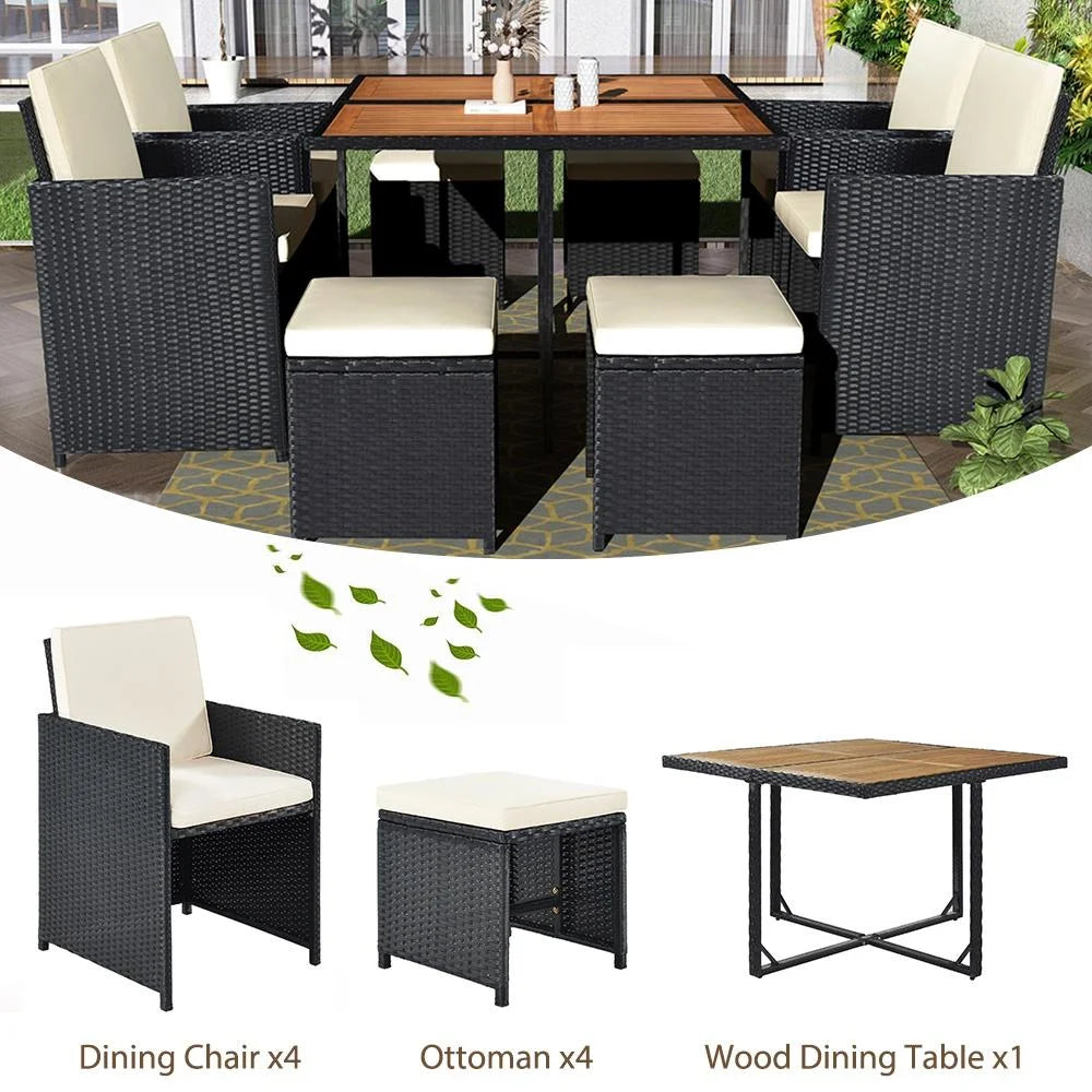 9 Piece Rattan Wicker Patio Dining Set with Ottoman J418454