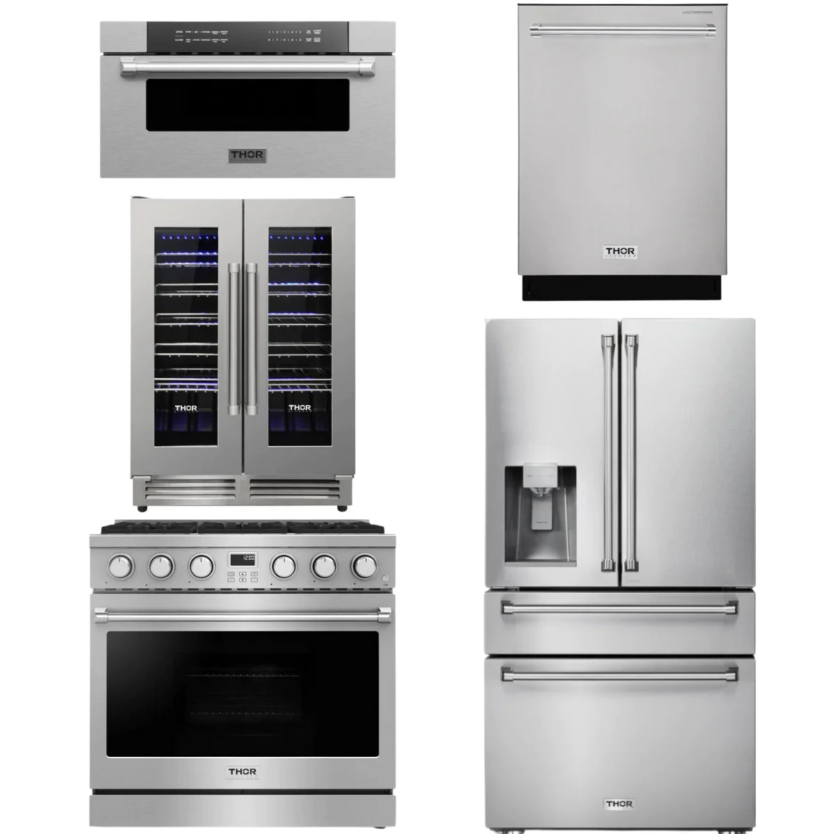 36 Gas Range, Refrigerator, Dishwasher, Microwave and Wine Cooler A589