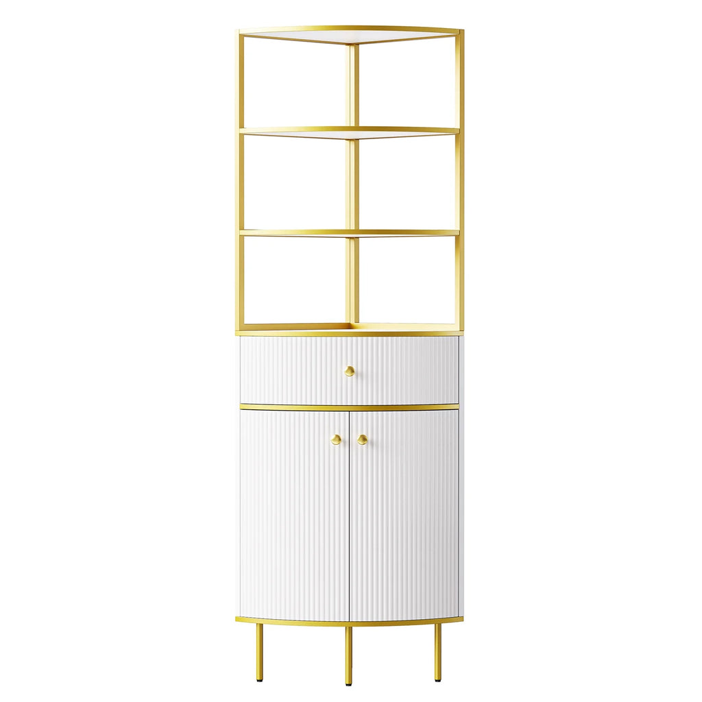 White Wooden Corner Bookshelf with 1 Drawer and 2 Doors G59005