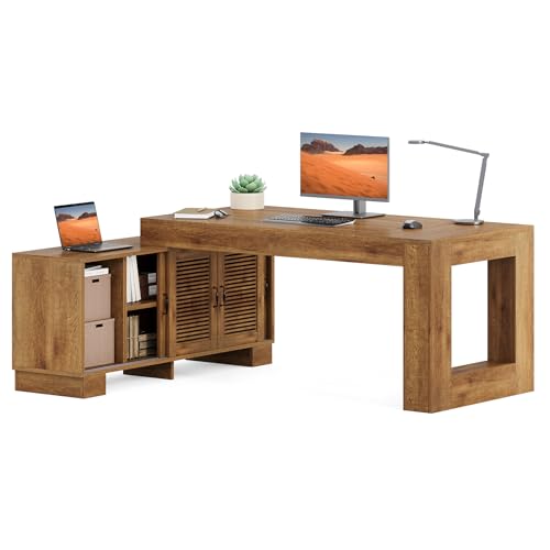 63" L Shaped Wooden Executive Desk with Storage C140