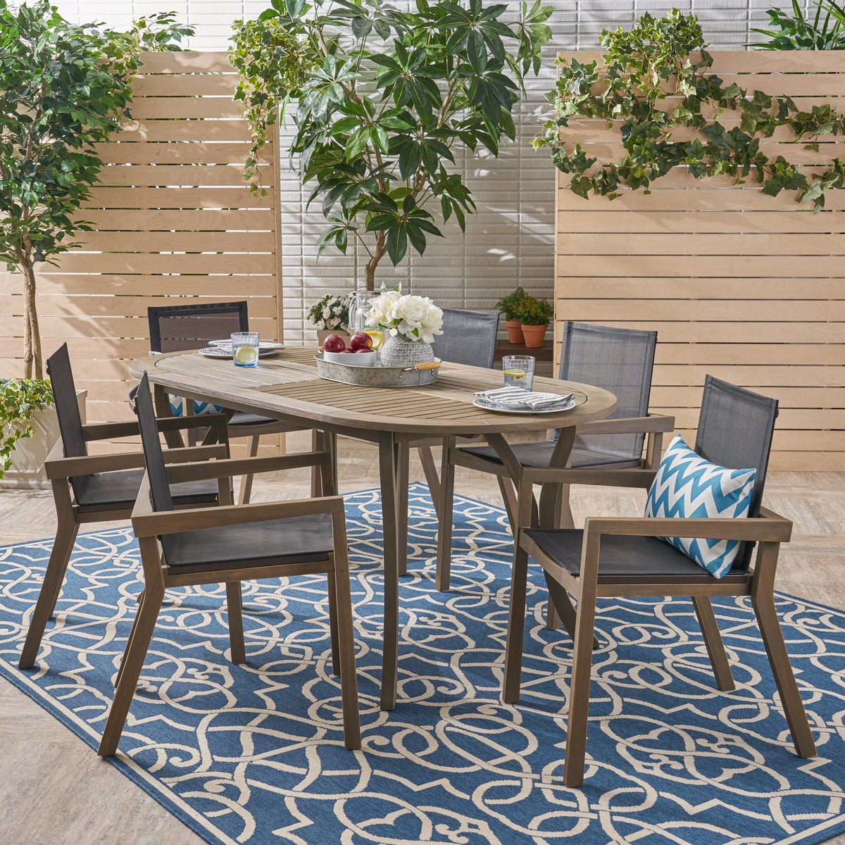 Acacia Wood 6-Seater Dining Set with Oval Dining Table L594
