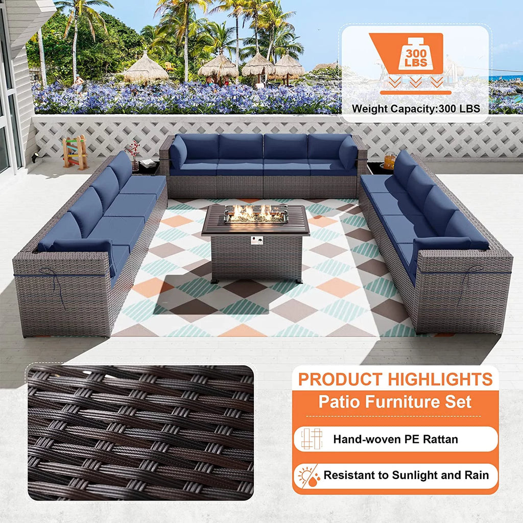 15 Pieces Outdoor Patio Furniture Set with Propane Fire Pit Table Navy Blue P7385