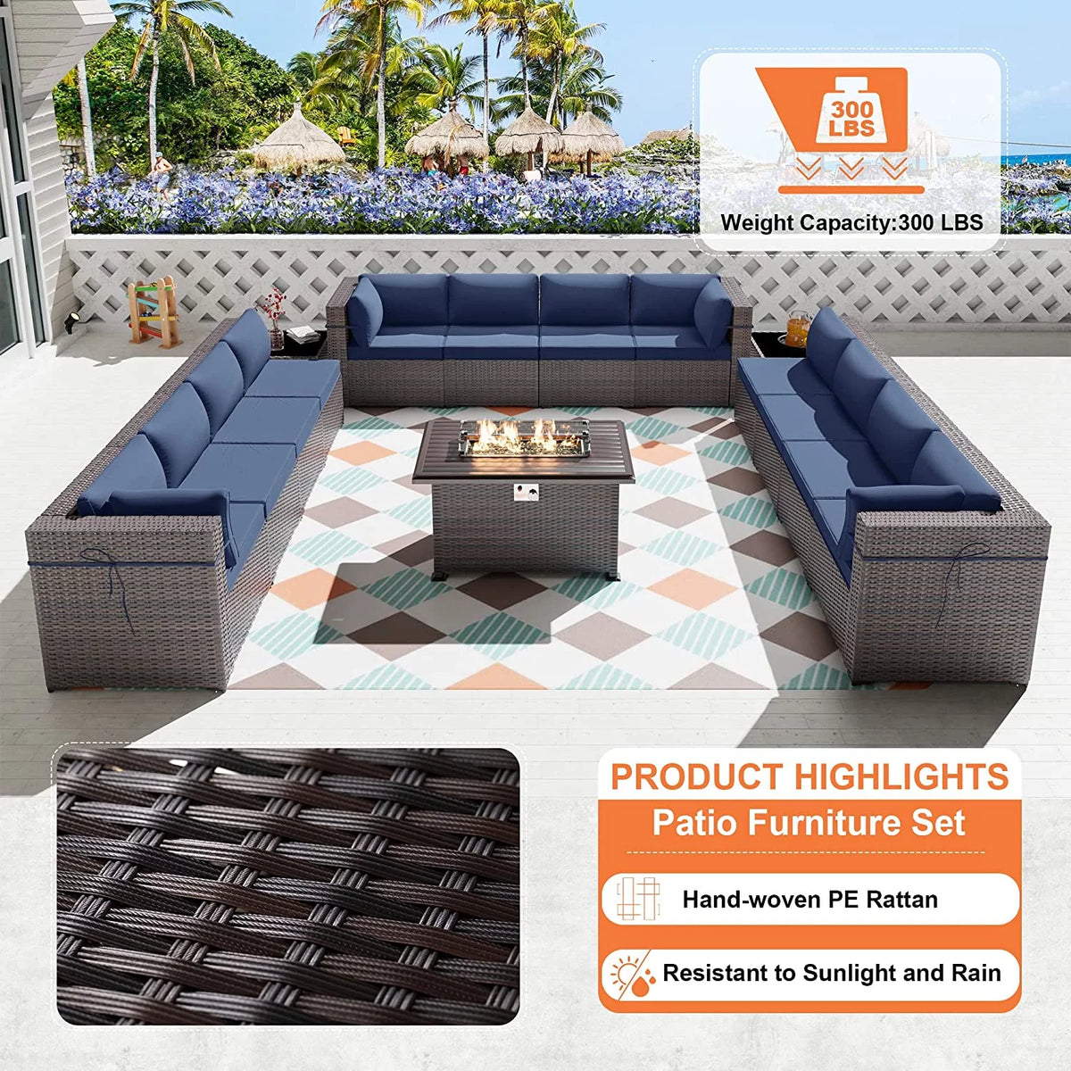 15 Pieces Outdoor Patio Furniture Set with Propane Fire Pit Table Navy Blue P7385