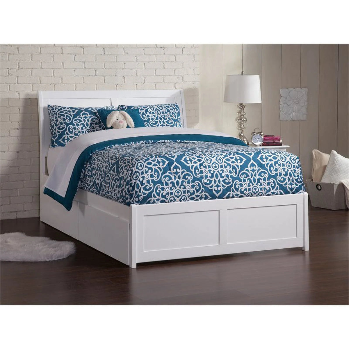 White Solid Wood Full Storage Platform Bed O2607