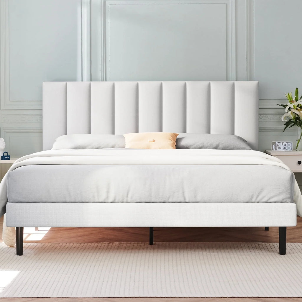 Full Platform Bed Frame with Upholstered Headboard, Beige T842126