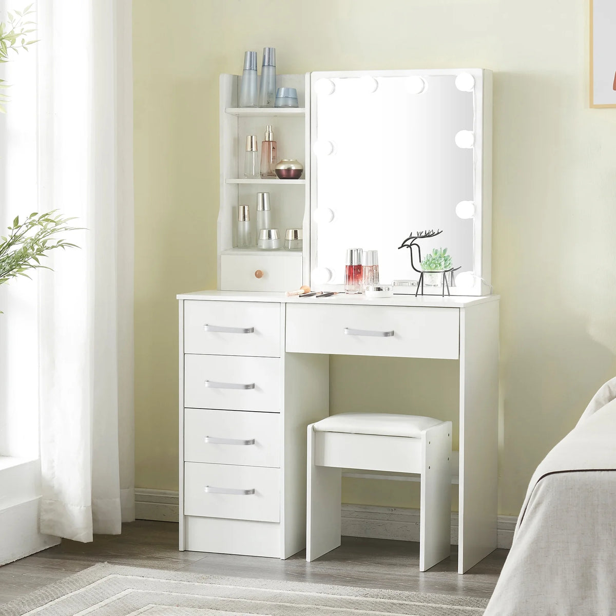 White Vanity Set with Lighted Mirror and Stool D9958