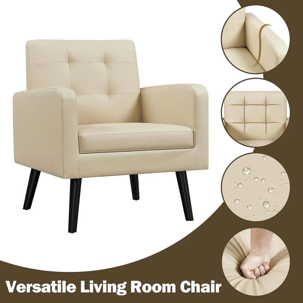 Beige PU Leather Tufted Accent Chair with Wood Legs K176