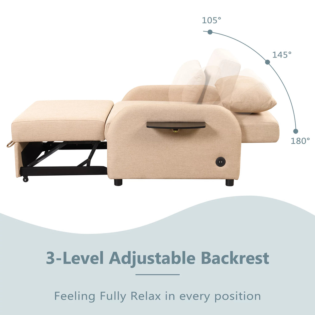 Beige 3 in 1 Pull Out Sofa Sleeper with 2 Wing Table and USB Charge O5807