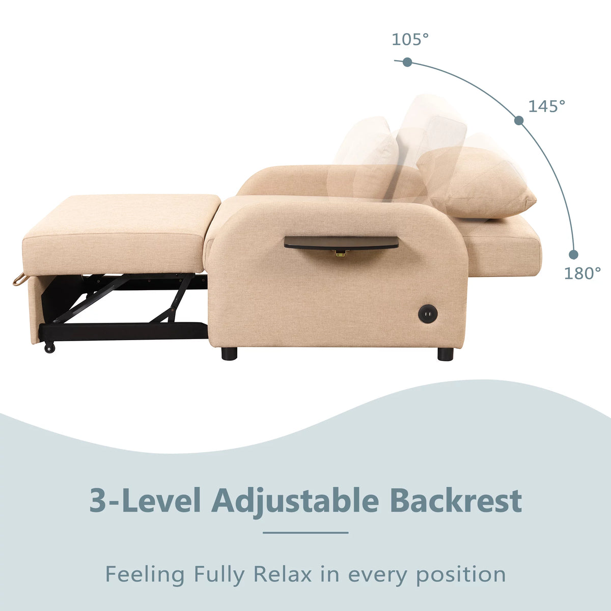 Beige 3 in 1 Pull Out Sofa Sleeper with 2 Wing Table and USB Charge O5807