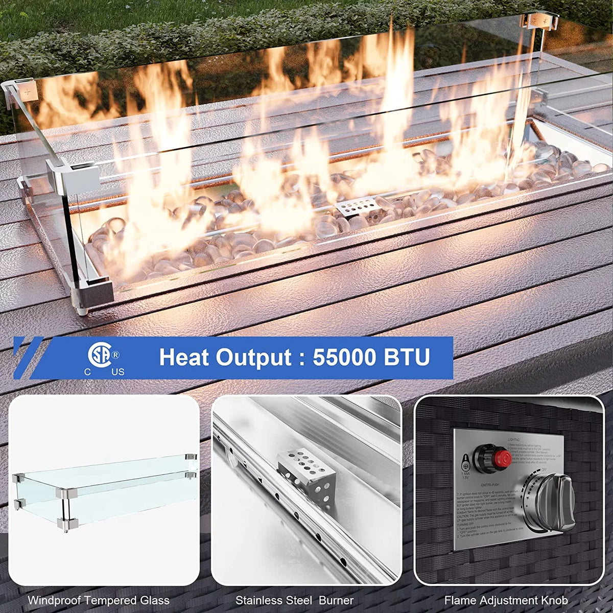 15 Pieces Outdoor Patio Furniture Set with Propane Fire Pit Table Navy Blue P7385