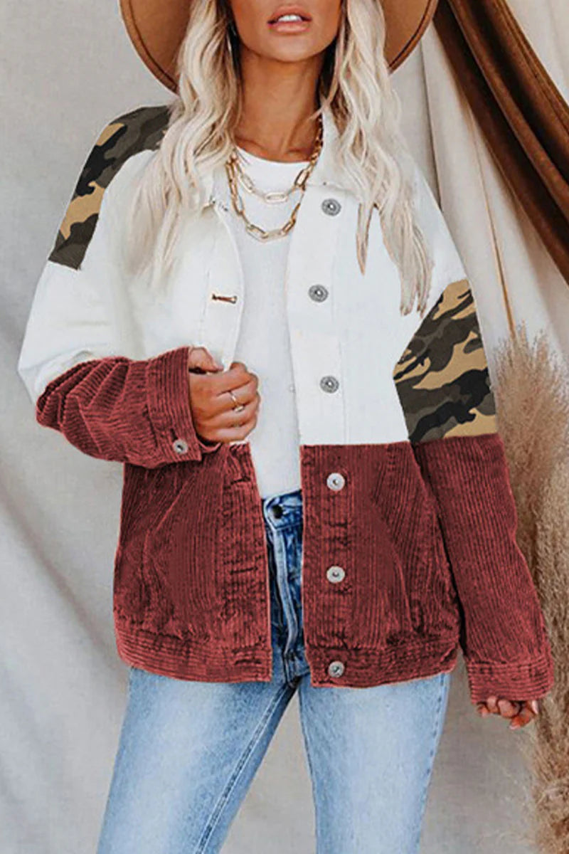 Camouflage Print Tassel Buckle Turndown Collar Outerwear O63537