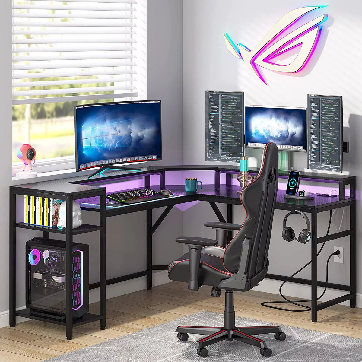 Black L-Shaped Gaming Desk with LED Strips L4134