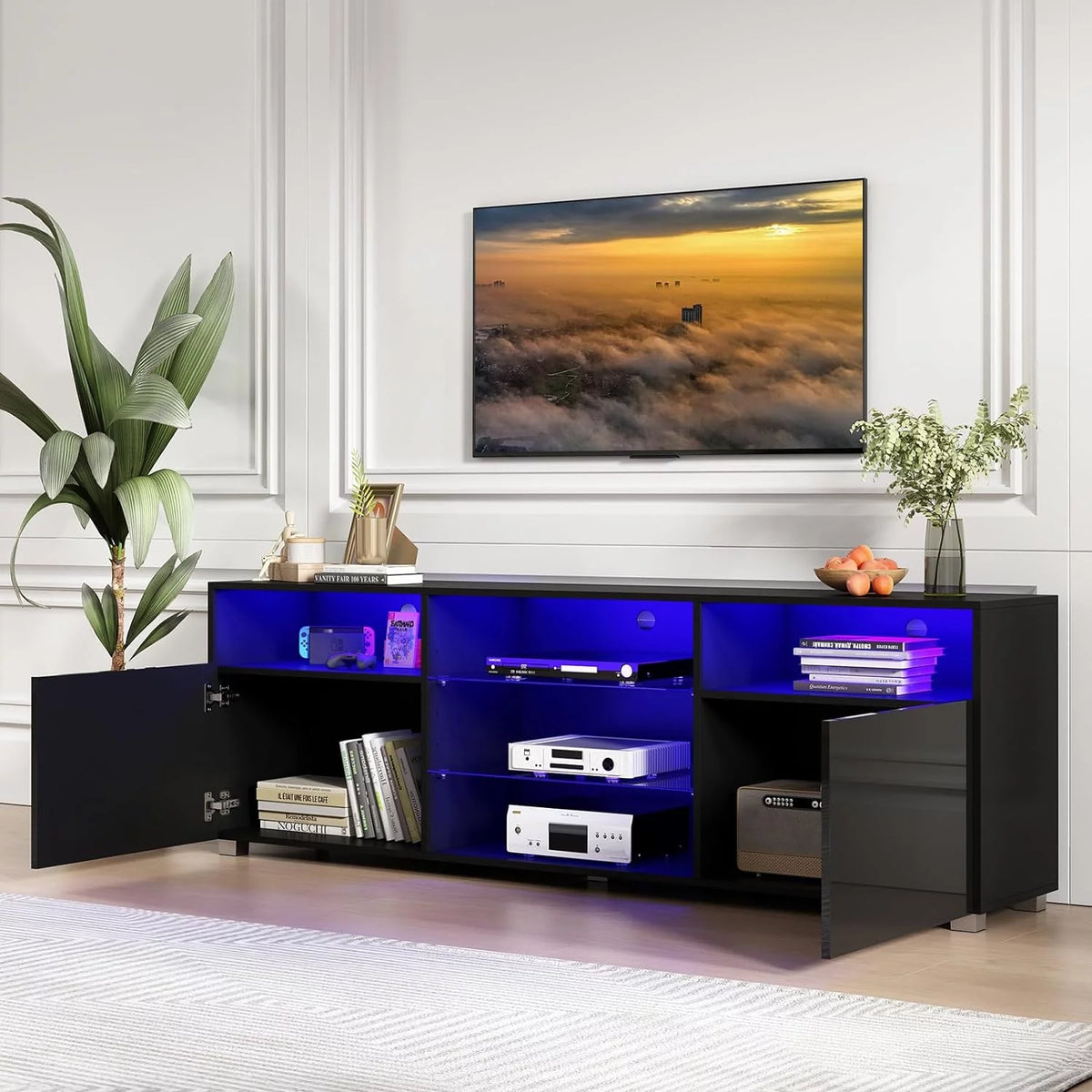 Black LED TV Stand with Glossy Cabinets W7795