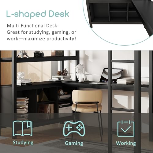 Metal Loft Bed with Wardrobe & L-Shaped Desk, White Queen A238158