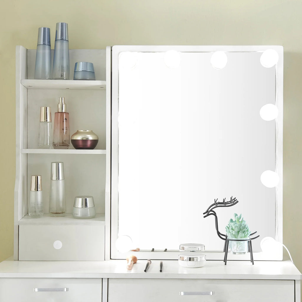 White Vanity Set with Lighted Mirror and Stool D9958
