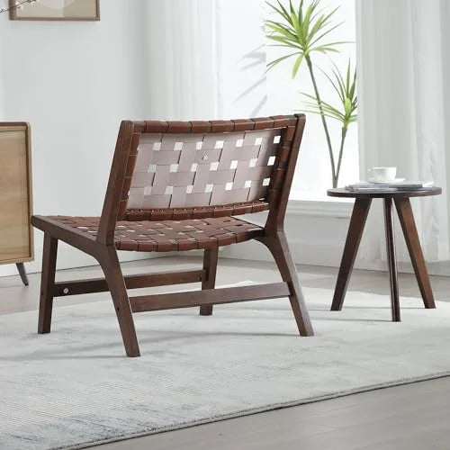 Set of 2 Woven Leather Mid Century Modern Accent Chair with Wood Frame F983392