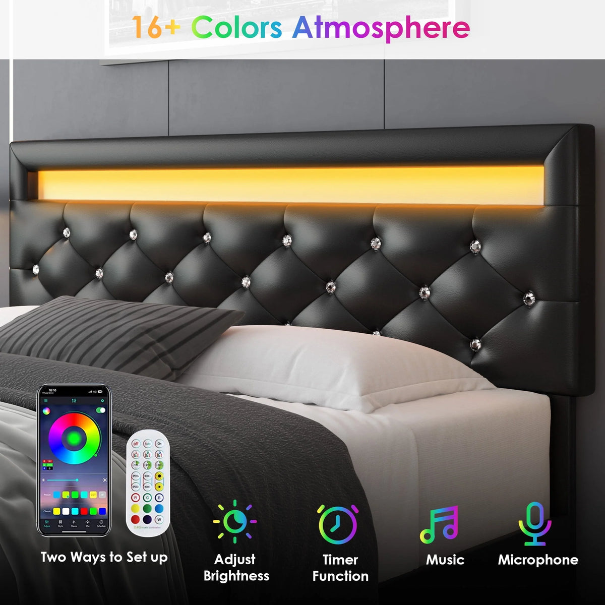 Full Size Black PU Upholstered Platform Bed Frame with LED S254
