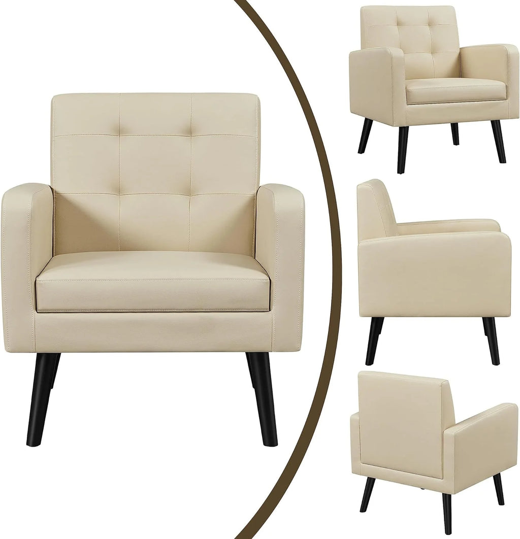 Beige PU Leather Tufted Accent Chair with Wood Legs K176